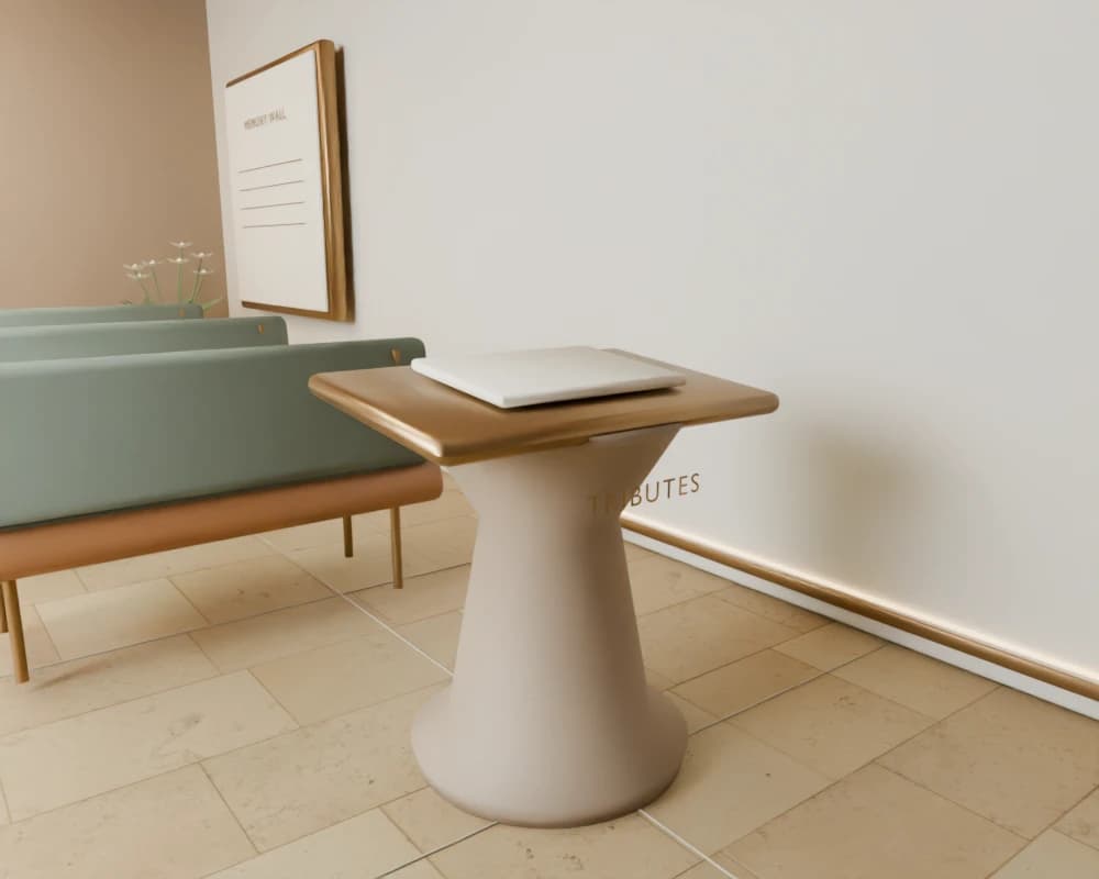 A modeled view of The tribute lectern inside ZEMNE’s sanctuary